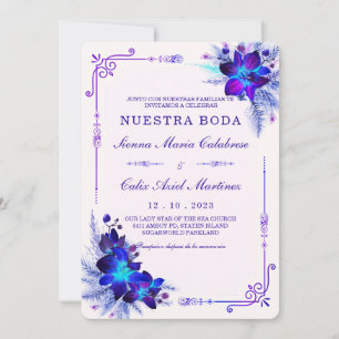 Elegante Hochzeit mit blauen und violetten Orchide Einladung