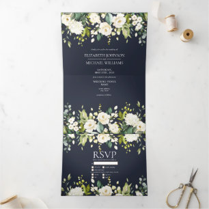 Elegante Hochzeit mit Blauen und weißen Wasserfarb Dreifach Gefaltete Einladung
