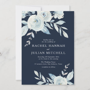 Elegante Hochzeit mit blauen Wasserfarben Einladung