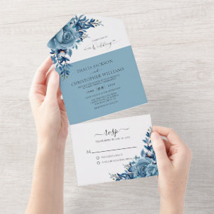 Elegante Hochzeit mit blauer Flora All In One Einladung