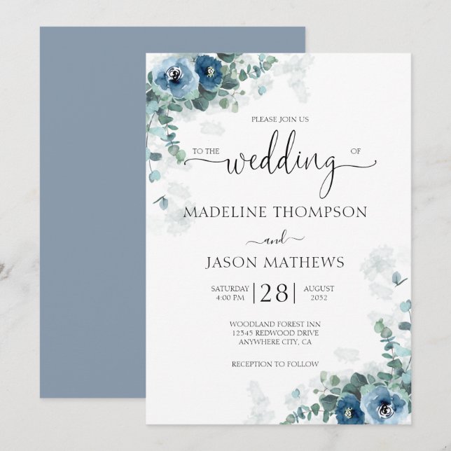 Elegante Hochzeit mit blauer Flora Einladung (Vorne/Hinten)