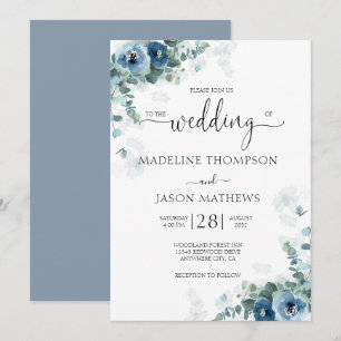 Elegante Hochzeit mit blauer Flora Einladung
