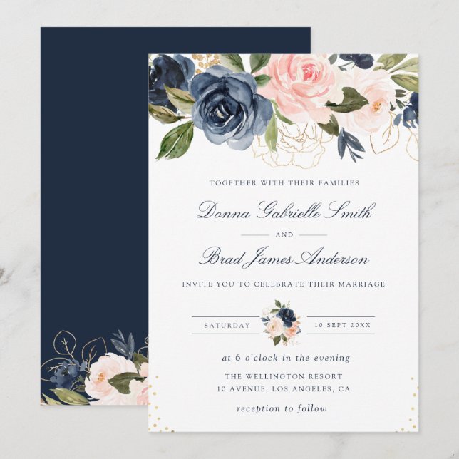 Elegante Hochzeit mit blühenden Blumen Einladung (Vorne/Hinten)