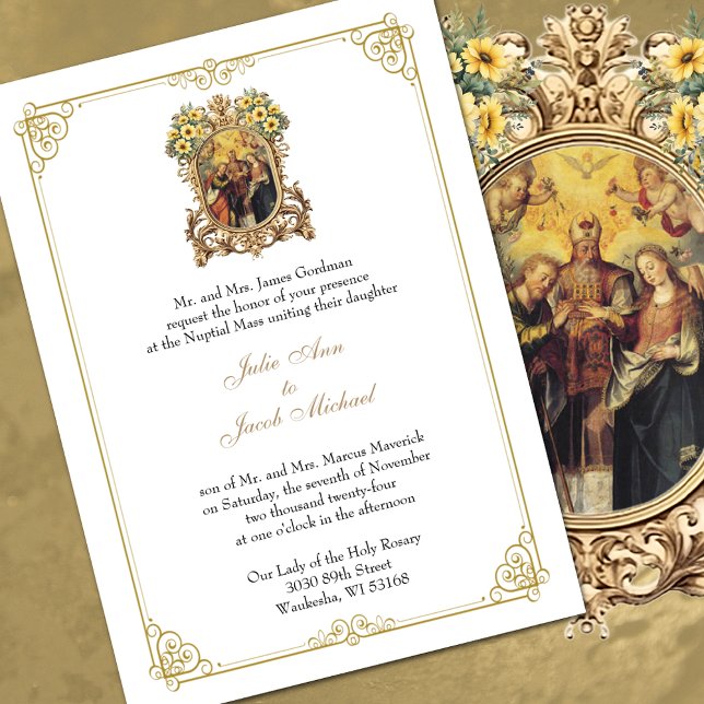 Elegante Hochzeit mit Blumen und Gold Einladung (Elegant Catholic Wedding Invitations - FREE SHIPPING available at checkout. )