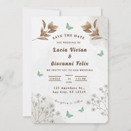Elegante Hochzeit mit Blumen und Schmetterlingen Einladung