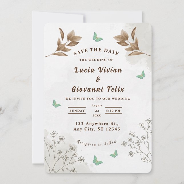 Elegante Hochzeit mit Blumen und Schmetterlingen Einladung (Vorderseite)