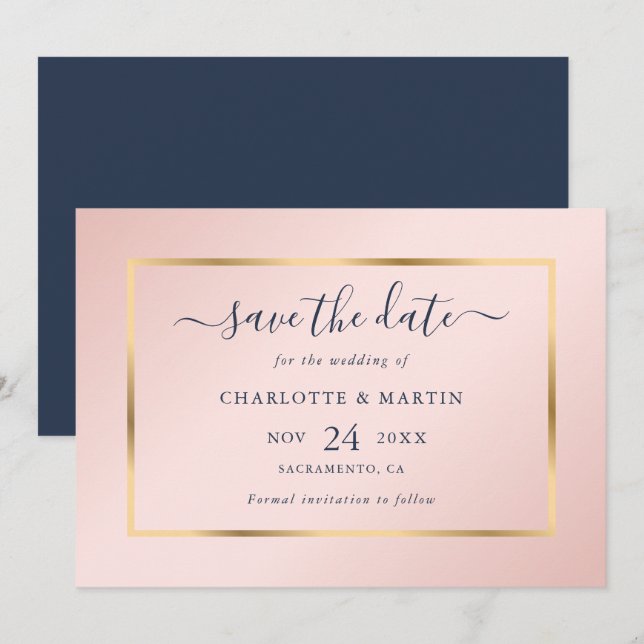 Elegante Hochzeit mit dem blauen Gold Blush Save The Date (Vorne/Hinten)