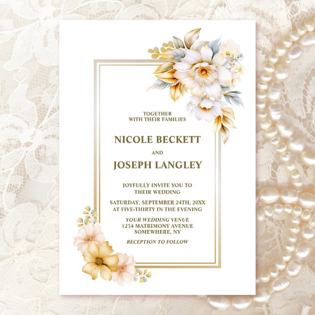 Elegante Hochzeit mit der White Gold Floral Einladung (Von Creator hochgeladen)
