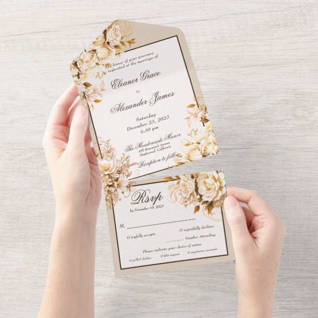 Elegante Hochzeit mit Elfenbein All In One Einladung (Abreißen)