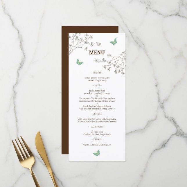Elegante Hochzeit mit Flora und Butterfly Menükarte (Vorderseite/Rückseite Beispiel)