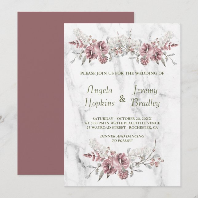 Elegante Hochzeit mit floralem Marmor Einladung (Vorne/Hinten)