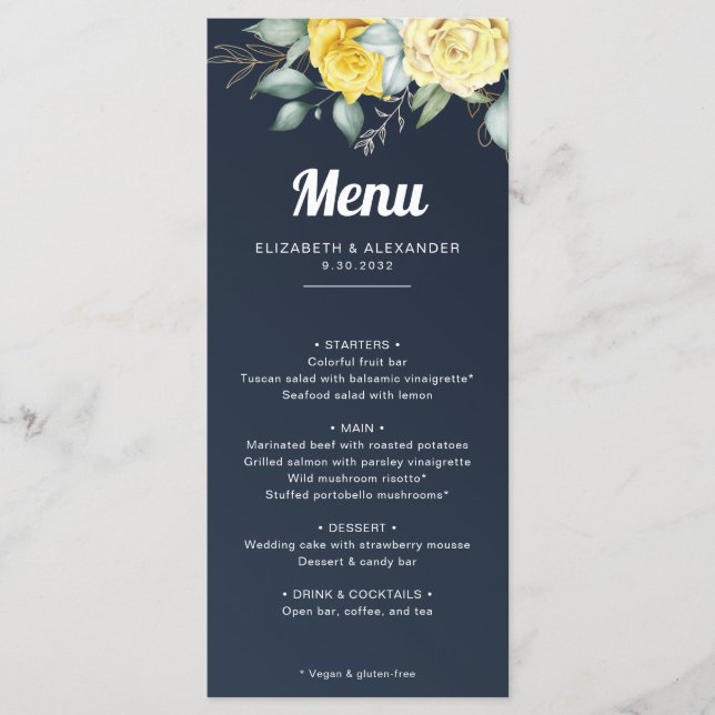 Elegante Hochzeit mit gelben Rosen und blauen Aqua Menükarte (Vorderseite)