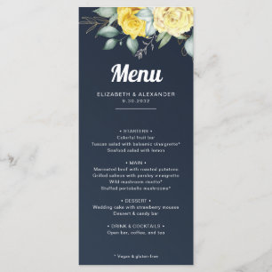 Elegante Hochzeit mit gelben Rosen und blauen Aqua Menükarte
