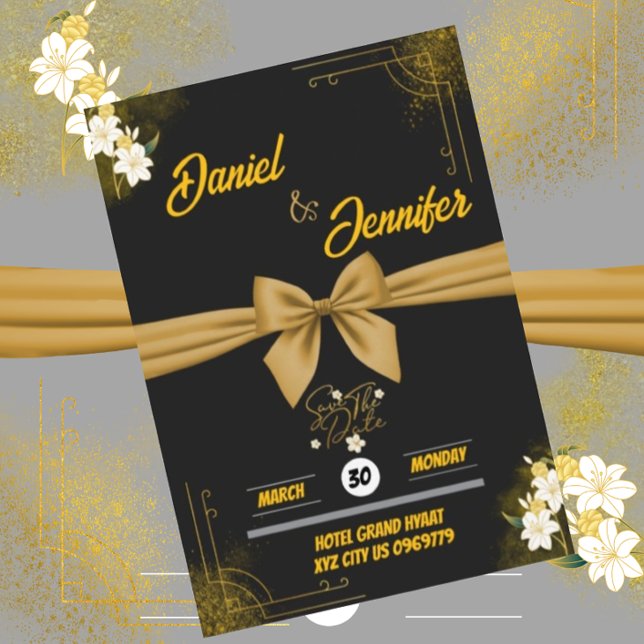 Elegante Hochzeit mit Gold und Black Floral Save t Einladung (Von Creator hochgeladen)