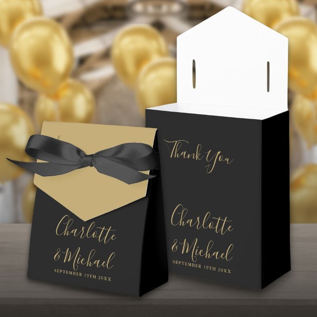 Elegante Hochzeit mit Gold und Black Script Geschenkschachtel (Elegant Gold And Black Script Wedding Favor Box)