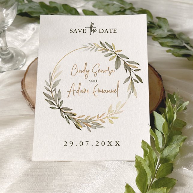 Elegante Hochzeit mit Gold und Grün Save The Date (Von Creator hochgeladen)