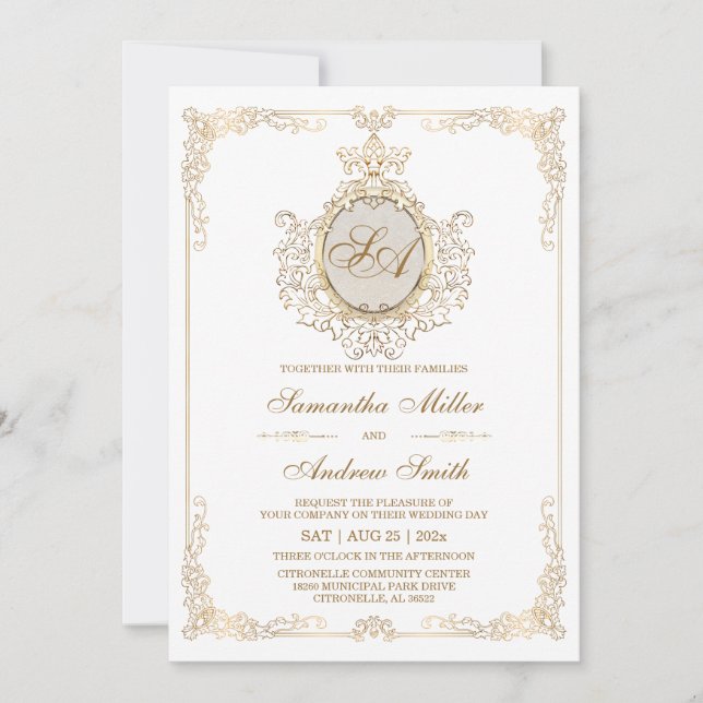 Elegante Hochzeit mit Gold und Weiß Einladung (Vorderseite)