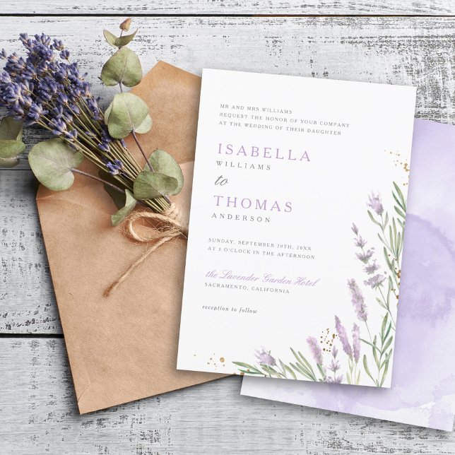 Elegante Hochzeit mit Gold & Watercolor Lavendel Einladung (Von Creator hochgeladen)