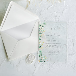 Elegante Hochzeit mit grünen Blättern und Monogram Acryleinladungen
