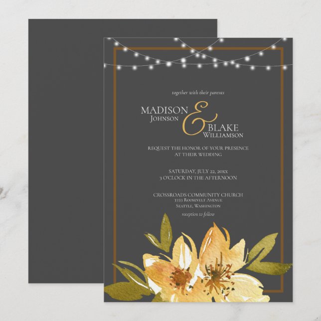 Elegante Hochzeit mit Kohle Grau, Gelb und Kupfer Einladung (Vorne/Hinten)