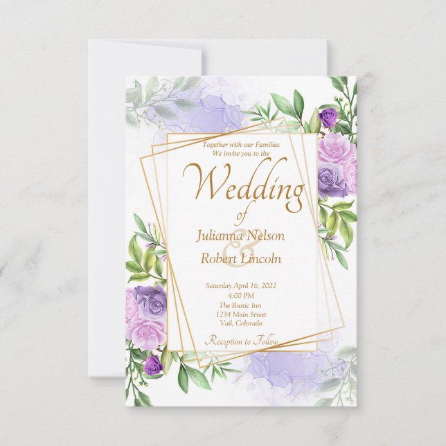 Elegante Hochzeit mit lila Blumen Einladung (Vorderseite)