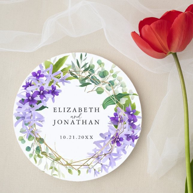 Elegante Hochzeit mit Lila Goldflorenkrebs Runder Aufkleber (Von Creator hochgeladen)