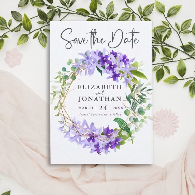 Elegante Hochzeit mit Lila goldgrünem Blumenkreide Save The Date (Von Creator hochgeladen)