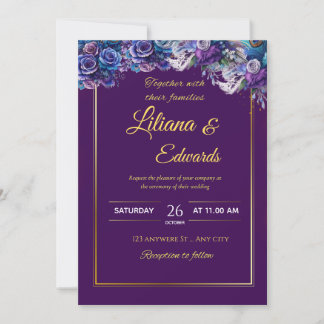 Elegante Hochzeit mit Lila und goldenen Blumen Einladung