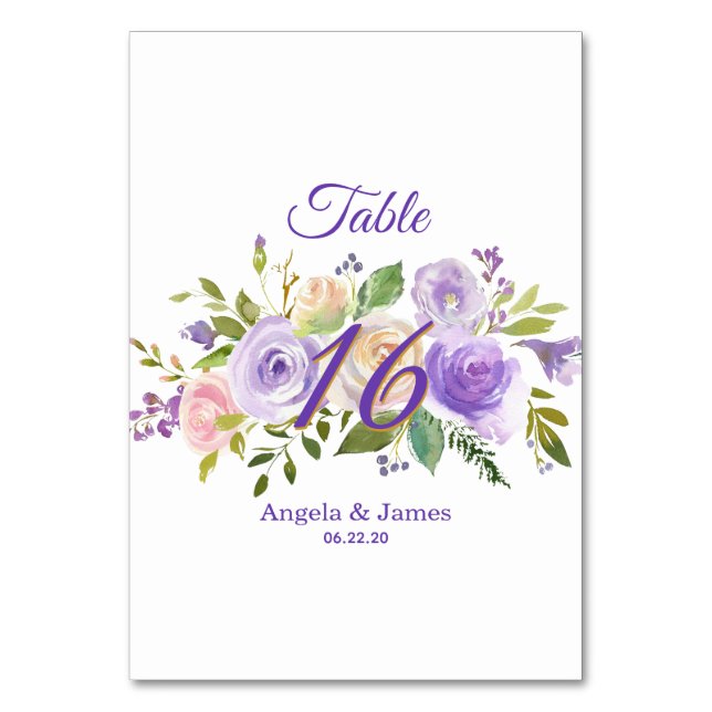 Elegante Hochzeit mit Lila und goldenen Wasserfarb Tischnummer (Rückseite)