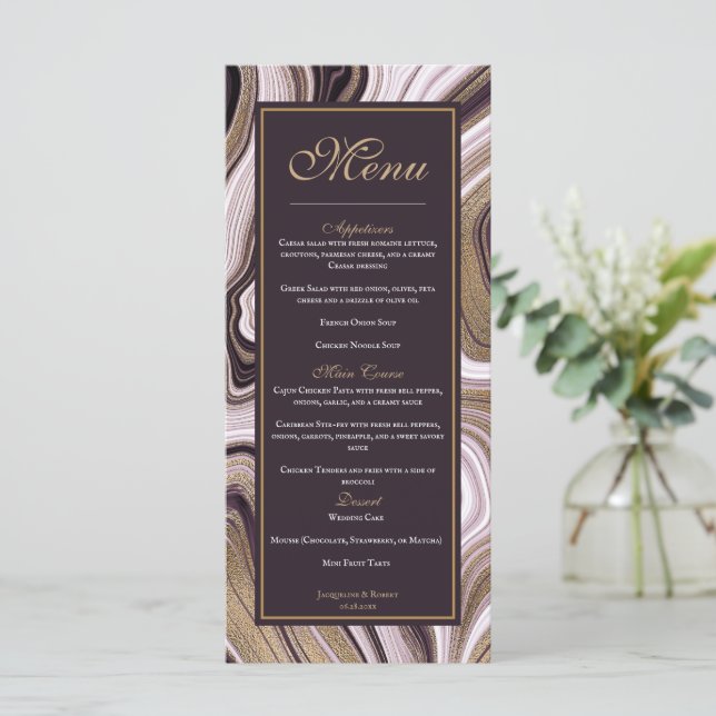 Elegante Hochzeit mit Lila und Goldmarmor Menükarte (Stehend Vorderseite)