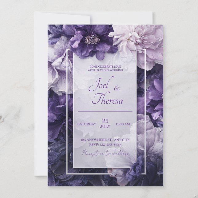 Elegante Hochzeit mit Lila und weißer Blüte Einladung (Vorderseite)