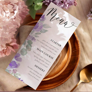 Elegante Hochzeit mit Lila Wasser Menükarte