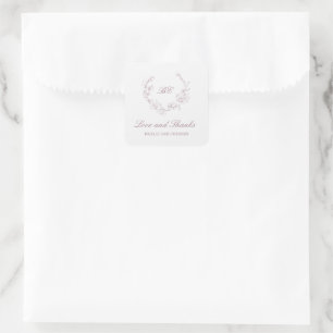 Elegante Hochzeit mit Mauve-Kranz-Monogramm Quadratischer Aufkleber