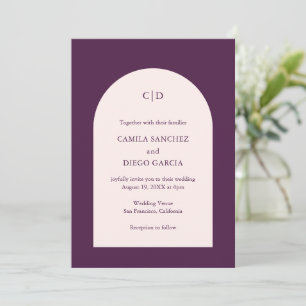 Elegante Hochzeit mit modernem violetten Torbogen Einladung