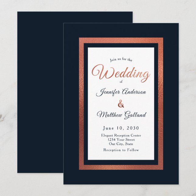 Elegante Hochzeit mit moderner Marine, Blau und Ku Einladung (Vorne/Hinten)