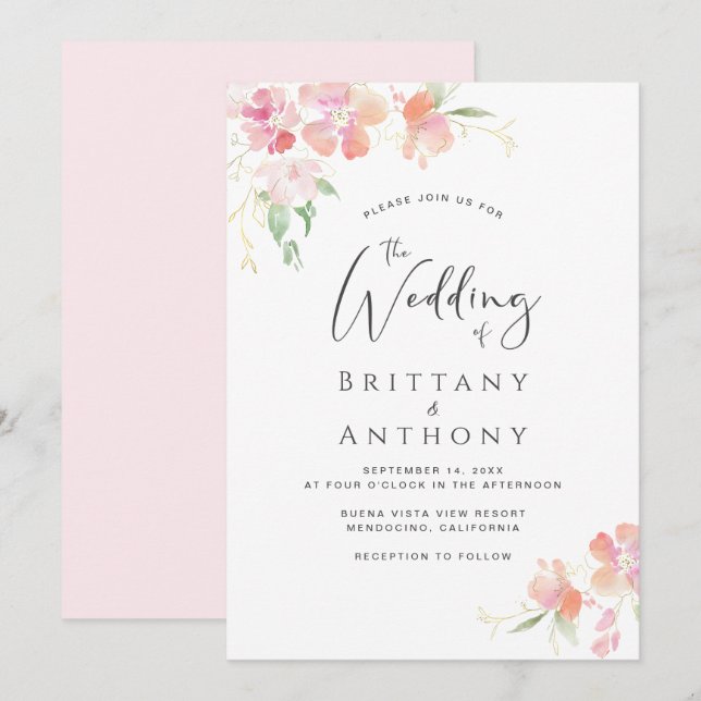 Elegante Hochzeit mit rosa Korallenflora Einladung (Vorne/Hinten)