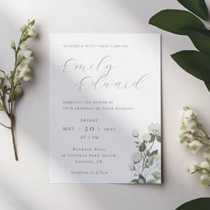 Elegante Hochzeit mit Salbeigrün und weißen Blumen Einladung