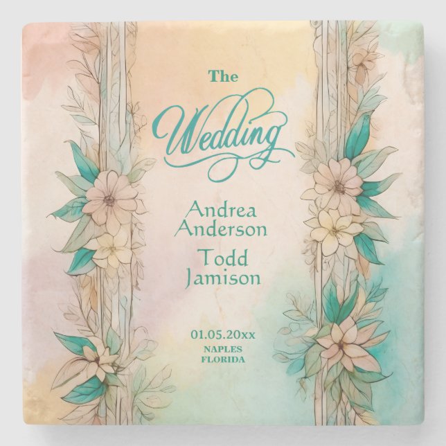 Elegante Hochzeit mit sanften Blumen Steinuntersetzer (Vorderseite)