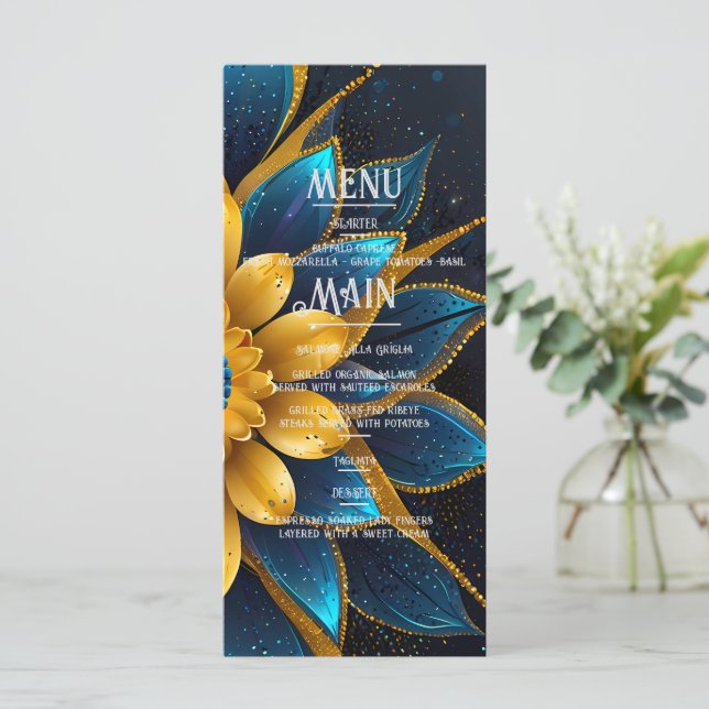 Elegante Hochzeit mit Sapphire und Gold Floral Menükarte (Stehend Vorderseite)