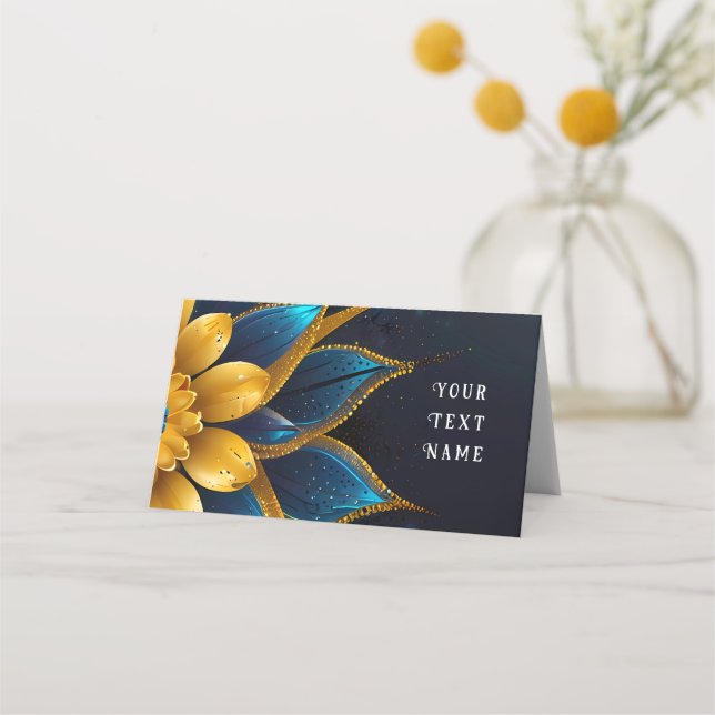 Elegante Hochzeit mit Sapphire und Gold Floral Platzkarte (Rückseite)