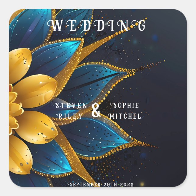 Elegante Hochzeit mit Sapphire und Gold Floral Quadratischer Aufkleber (Vorderseite)