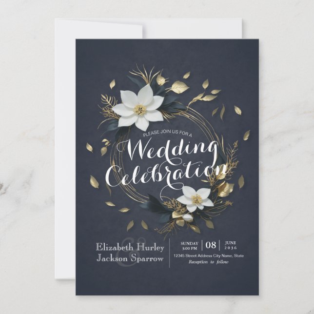 Elegante Hochzeit mit Schwarz-weißem und goldenem  Einladung (Vorderseite)