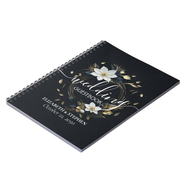 Elegante Hochzeit mit Schwarz-weißem und goldenem  Notizblock (Linke Seite)