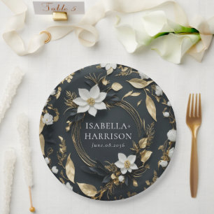 Elegante Hochzeit mit Schwarz-weißem und goldenem  Pappteller