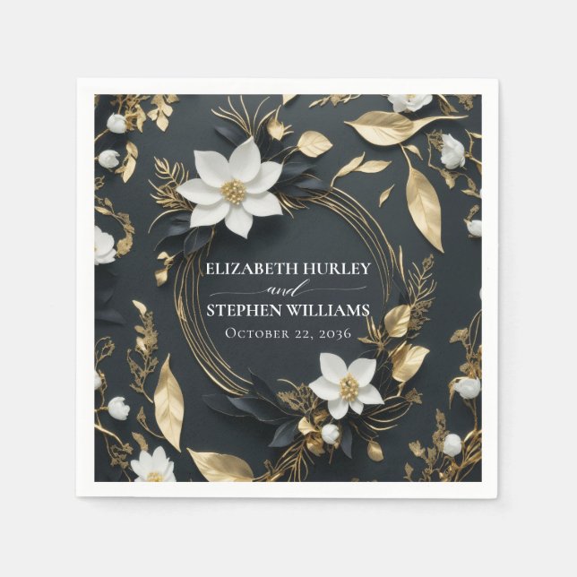 Elegante Hochzeit mit Schwarz-weißem und goldenem  Serviette (Vorderseite)