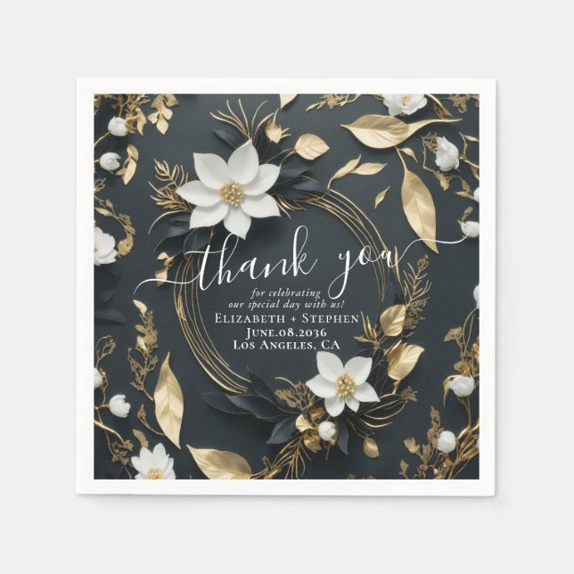 Elegante Hochzeit mit Schwarz-weißem und goldenem  Serviette (Vorderseite)