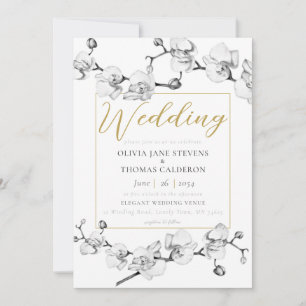 Elegante Hochzeit mit Schwarz-weißer Goldflora Einladung