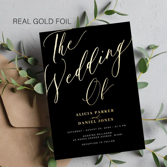 Elegante Hochzeit mit schwarzen und goldenen Typog Folieneinladung (Von Creator hochgeladen)
