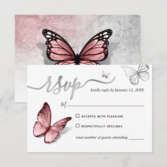 Elegante Hochzeit mit Silber und Rosa Schmetterlin RSVP Karte (Vorne/Hinten)