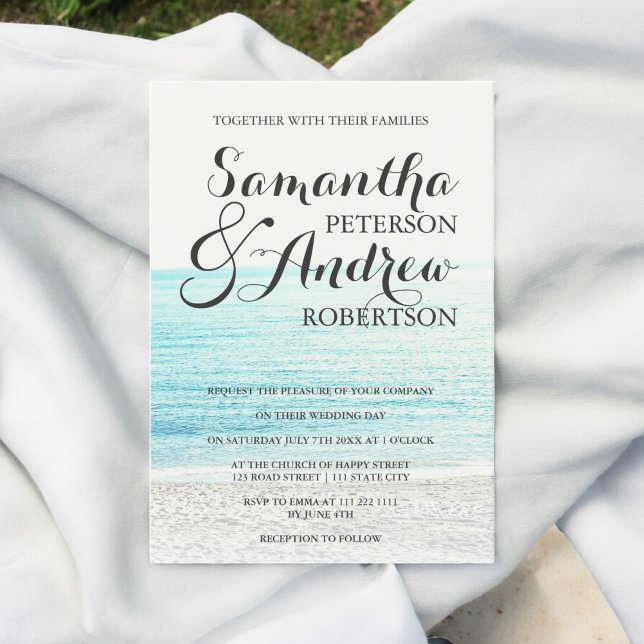 Elegante Hochzeit mit tropischer Strandfotografie Einladung (Elegant modern tropical beach photography wedding invitation)